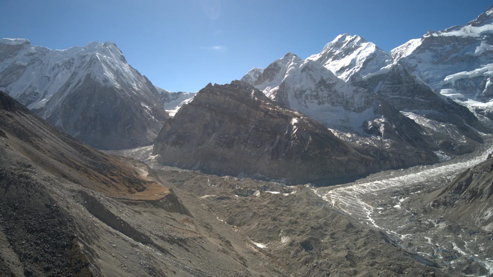 Aerial view of a braided glacial valley and moraine shelves rising towards a wall of snow-covered Himalayan peaks under a clear sky.
